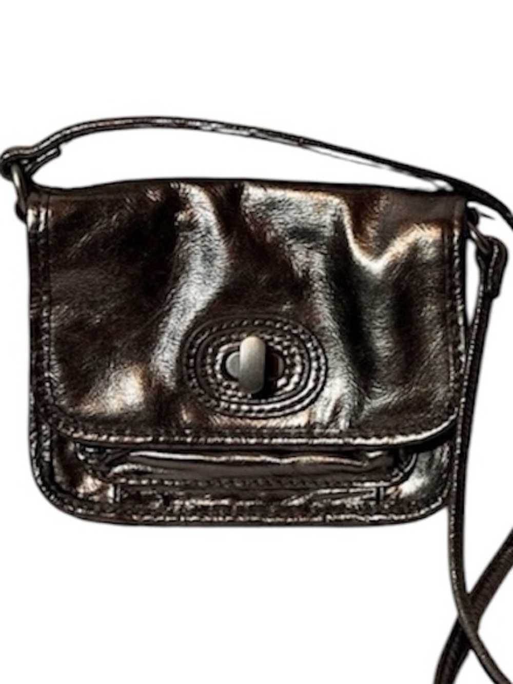 FOSSIL Small Crossbody Bag leather metallic pewter twist lock closure